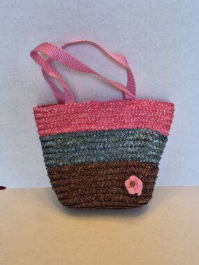 Woven Striped Tote Clutch Bag Pink Blue Brown Straw Summer Vacation Handbag